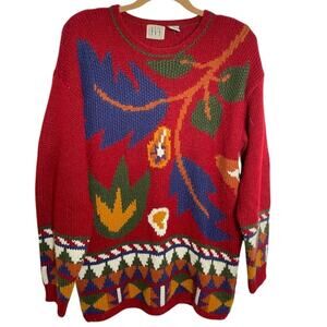 VTG IVY Hand Knitted Colorful Sweater Grandma Chunky Multicolored Leaf Pullover